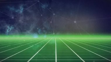 Gece gökyüzü ve yeşil alan üzerindeki bağlantı ağının animasyonu. küresel ağlar, bağlantılar, veri işleme ve dijital arayüz kavramı dijital olarak oluşturulmuş video.