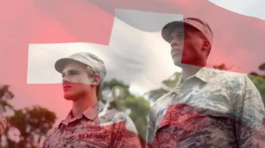 Askerler üzerinde bayrağın canlandırılması. küresel vatanseverlik, silahlı kuvvetler ve koruma kavramı dijital olarak oluşturulmuş video.