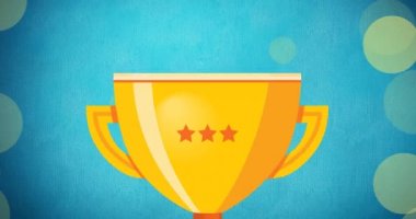 Mavi arka planda yüzen ışık lekeleri ve fincan animasyonu. spor ve kutlama konsepti dijital olarak oluşturulmuş video.