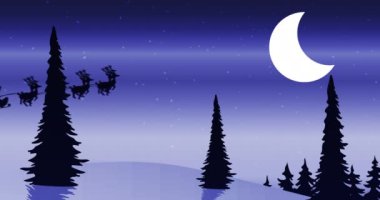 Noel Baba kızağı silueti ve arka planda karlı arazide uçan ren geyiği ve hilal şeklinde ay. Noel ve tatil konsepti.