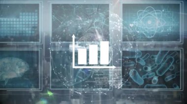 Bilimsel verilerle ekranlardaki istatistiksel grafiğin animasyonu. küresel bilim, bağlantılar ve dijital arayüz konsepti dijital olarak oluşturulmuş video.