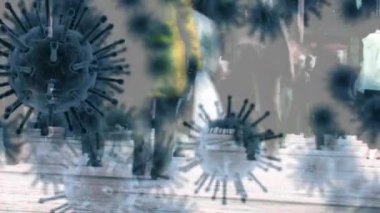 Sokakta yürüyen insanların üzerinde covid 19 hücrenin animasyonu. küresel covid 19 salgın, ilaç ve sağlık hizmetleri konsepti dijital olarak oluşturulmuş video.