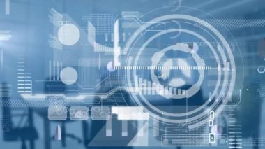 Boş toplantı odasında tarama ve veri işleme animasyonu. küresel eğitim, veri işleme ve dijital arayüz kavramı dijital olarak oluşturulmuş video.