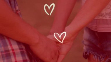Kafkasyalı çiftin el ele tutuşması üzerine beyaz kalp animasyonu. bağlılık, evlilik, romantizm ve aşk konsepti dijital olarak oluşturulmuş video.