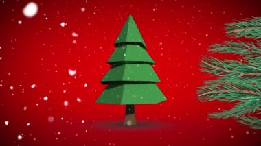Yılbaşı ağacına dönüşme ve kırmızı zemine kar yağma animasyonu. Noel, kış, gelenek ve kutlama konsepti dijital olarak oluşturulmuş video.
