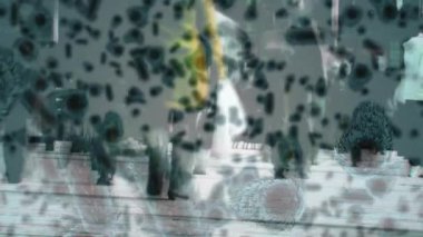 Yürüyen insanlar üzerinde kovid 19 hücrenin animasyonu. küresel covid 19 salgın, ilaç ve sağlık hizmetleri konsepti dijital olarak oluşturulmuş video.