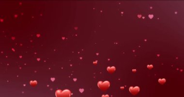 Kırmızı arka planda yüzen kırmızı kalplerin animasyonu. Sevgililer Günü, romantizm ve aşk konsepti dijital olarak oluşturulmuş video.
