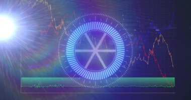 Bilimsel grafik ve verilerin üzerinde hareket eden pusula animasyonu. küresel bilim, bağlantılar ve dijital arayüz konsepti dijital olarak oluşturulmuş video.