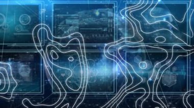 Bilimsel verilerle ekranların üzerindeki izohipslerin değişiminin animasyonu. küresel bilim, bağlantılar ve dijital arayüz konsepti dijital olarak oluşturulmuş video.