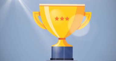 Mavi arka planda yüzen ışık lekeleri ve fincan animasyonu. spor ve kutlama konsepti dijital olarak oluşturulmuş video.