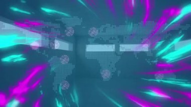 Işıkların canlandırılması, yeşil arka plandaki eski haritanın üzerindeki renkli lekeler. küresel ağlar, bağlantılar, veri işleme ve dijital arayüz kavramı dijital olarak oluşturulmuş video.