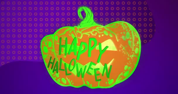 Happy Halloween Tekst Halloween Pompoen Tegen Getextureerde Digitale Golven Paarse — Stockvideo