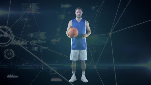 Animacja Sieci Połączeń Nad Białym Koszykarzem Globalne Połączenia Koncepcja Sportu — Wideo stockowe