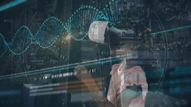 Animation Data Processing Girl Wearing Headset Global Technology Connections Data — Stock Video