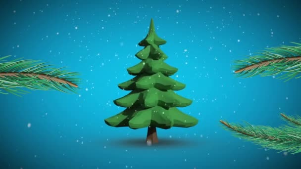 Animatie Van Het Draaien Van Kerstboom Sneeuw Vallen Blauwe Achtergrond — Stockvideo