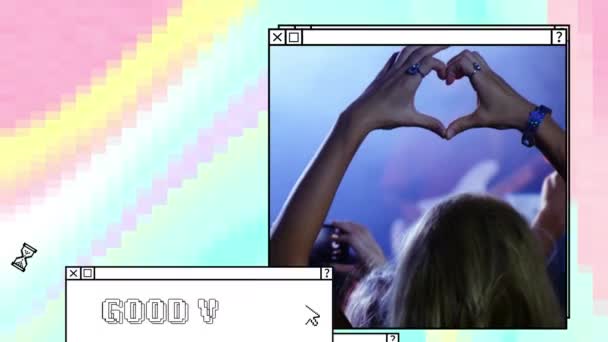 Titreşimlerin Animasyonu Beyaz Metinlerle Dolu Pencerelerde Konserlerde Kalabalık Içinde Kalp — Stok video