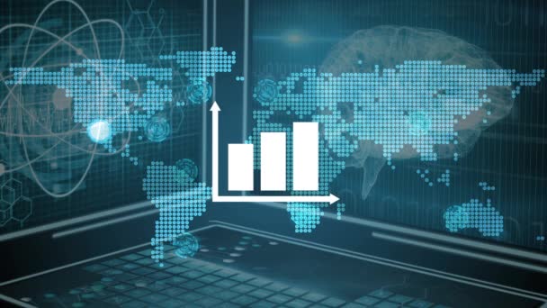 Animering Statistik Diagram Över Världskartan Mörkblå Bakgrund Global Vetenskap Anslutningar — Stockvideo