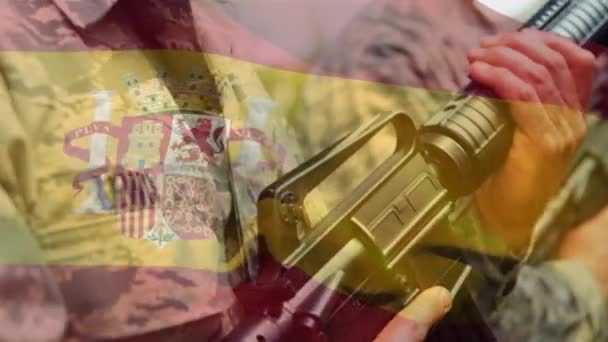 Animación Bandera España Sobre Soldados Patriotismo Global Las Fuerzas Armadas — Vídeos de Stock