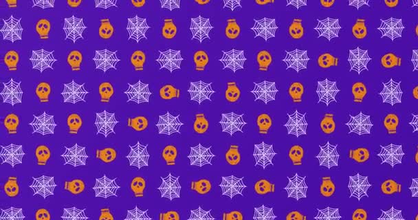 紫色の背景にクモの巣や頭蓋骨を動かすアニメーション ハロウィーンの伝統とお祝いのコンセプトデジタル生成ビデオ — ストック動画