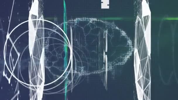 Animatie Van Vormen Getallen Hersenen Donkerblauwe Achtergrond Global Science Connecties — Stockvideo