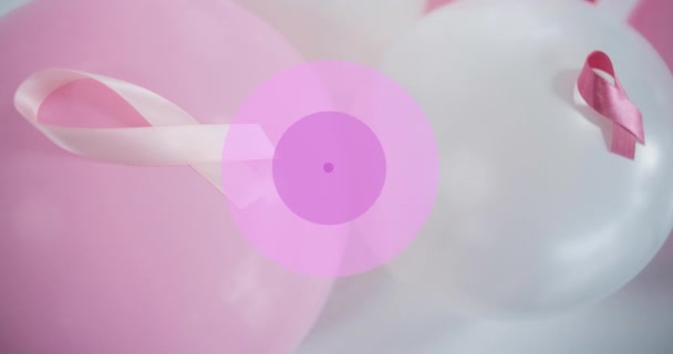 Animação Consciência Câncer Mama Fita Rosa Sobre Círculos Balões Roxos — Vídeo de Stock