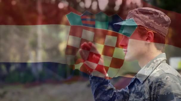 Анимация Флага Хорватии Над Солдатом Глобальный Патриотизм Вооруженные Силы Защита — стоковое видео