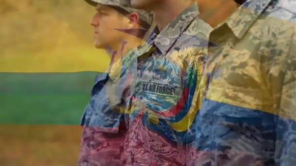 Animation Ecuadors Flagga Över Soldater Global Patriotism Väpnade Styrkor Och — Stockvideo