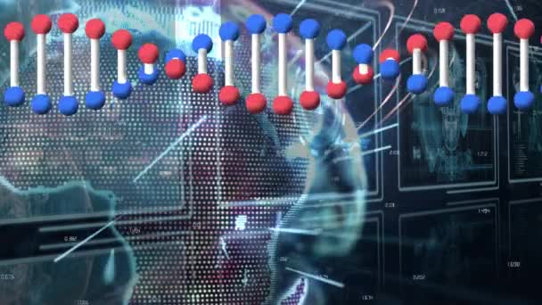 Animación Cadena Adn Sobre Globo Giratorio Pantallas Con Datos Científicos — Vídeo de stock