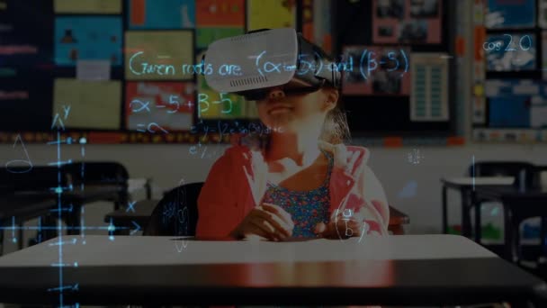 Vrヘッドセットオーバーを使用して数学方程式女子学生のアニメーション 教育と研究の概念をデジタルで生成し — ストック動画