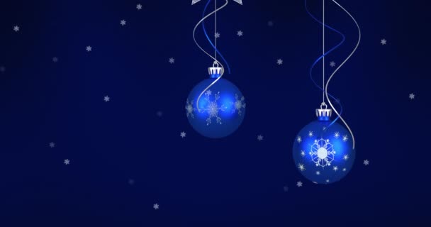 Animacja Bombki Gwiazd Śniegu Padającego Ciemnoniebieskie Tło Boże Narodzenie Zima — Wideo stockowe
