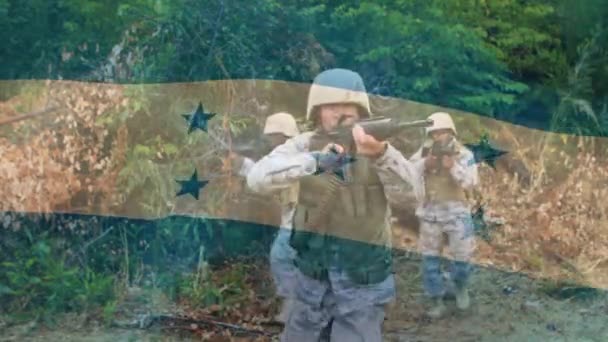 Animáció Honduras Zászlójáról Katonák Felett Globális Patriotizmus Fegyveres Erők Védelem — Stock videók