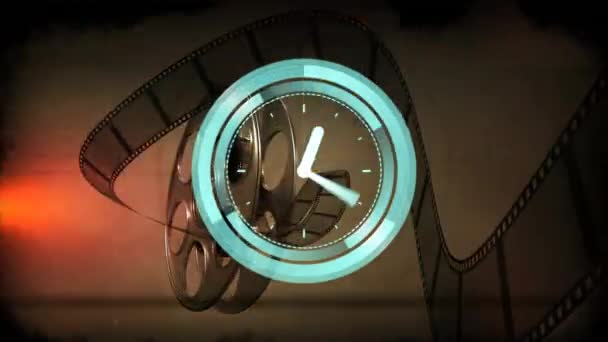 Animación Del Reloj Moviéndose Sobre Carrete Cinta Sobre Fondo Marrón — Vídeos de Stock