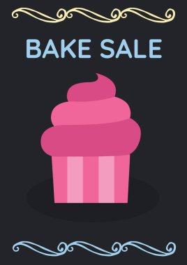 Kek satışı metni ve siyah arka planda kek ikonu kompozisyonu. olay davet şablonu konsepti dijital olarak oluşturulmuş resim.