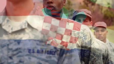 Askerler üzerinde Hırvat bayrağının canlandırılması. küresel vatanseverlik, silahlı kuvvetler ve koruma kavramı dijital olarak oluşturulmuş video.