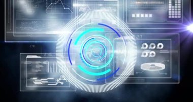 Bilimsel grafik ve veriler üzerindeki işleme çemberinin animasyonu. küresel bilim, bağlantılar ve dijital arayüz konsepti dijital olarak oluşturulmuş video.