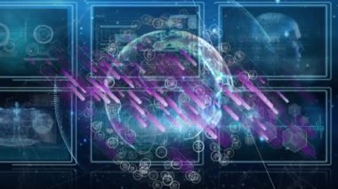 Dünya üzerindeki mor şekillerin bilimsel verilerle ekranlarda canlandırılması. küresel bilim, bağlantılar ve dijital arayüz konsepti dijital olarak oluşturulmuş video.