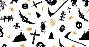 Beyaz arka plana karşı çoklu cadılar bayramı konsepti simgelerinin dijital animasyonu. Cadılar Bayramı vektör illüstrasyonu ve sanat konsepti