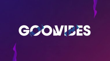 Mor arkaplandaki mor izler üzerinden beyaz ve mavi metinlerdeki iyi titreşimlerin animasyonu. dijital arayüz ve sosyal medya mesajlaşma kavramı dijital olarak oluşturulmuş video.