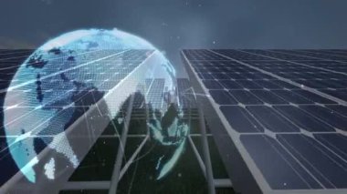 Güneş panelleri ve rüzgar türbinleri üzerinde hareket eden dünyanın animasyonu. çevre, sürdürülebilirlik, ekoloji, yenilenebilir enerji, küresel ısınma ve iklim değişikliği farkındalığı.