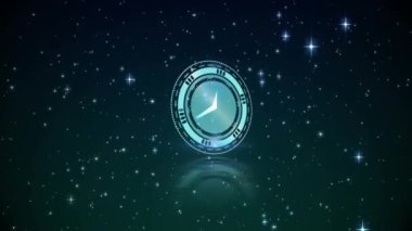 Yıldızlı gökyüzünde hareket eden saat animasyonu. zaman, dijital arayüz ve teknoloji konsepti dijital olarak oluşturulmuş video.