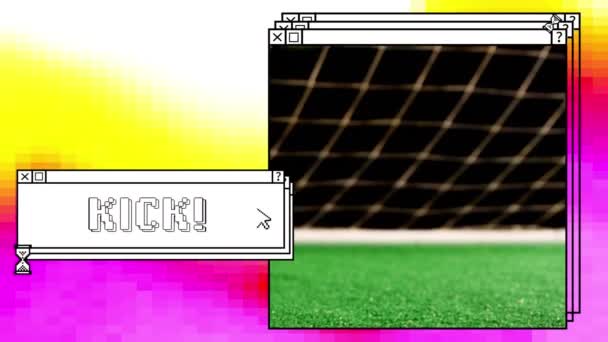 Animación Patada Texto Blanco Ventana Apilada Con Fútbol Campo Amarillo — Vídeo de stock