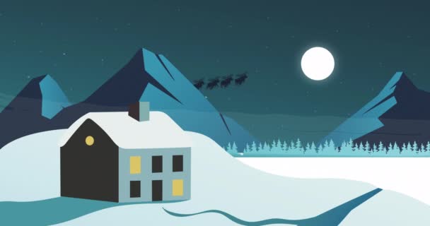 House Silhouette Santa Clause Sleigh Reindeer Flying Moon Snowy Landscape — Stock Video