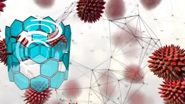 浮遊ウイルス細胞のアニメーションと白の背景に回転六角形 グローバルCovid 19パンデミック科学と接続の概念デジタルで生成されたビデオ — ストック動画