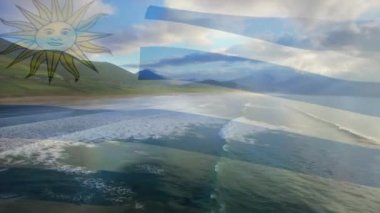 Sahilin ve deniz dalgalarının hava manzarasına karşı uruguay bayrağı sallamanın dijital bileşimi. Ulusal turizm ve seyahat kavramı