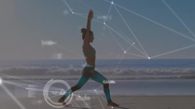 Beyaz kadının yoga yapması üzerine veri işleme ve bağlantı ağlarının animasyonu. global spor, incelik ve sağlıklı yaşam tarzı konsepti dijital olarak oluşturulmuş video.