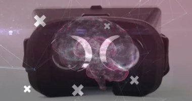 VR kulaklığın yakın görüntüsüne karşı soyut şekiller ve bağlantılar ağı. eğlence ve teknoloji konsepti