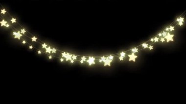 Siyah arka planda asılı dekoratif yıldız şekilli peri ışıklarının dijital animasyonu. Noel kutlaması geleneği
