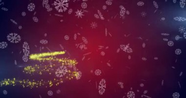 Kayan yıldızın üzerine düşen kar taneleri kırmızı arka planda bir Noel ağacı oluşturuyor. Noel şenliği ve kutlama konsepti