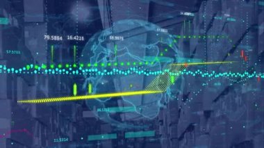 Depo üzerinden veri işleme ile küresel ve dijital arayüzün animasyonu. küresel gönderim, dağıtım, iş, veri işleme ve teknoloji konsepti dijital olarak oluşturulmuş video.