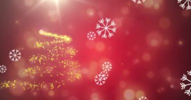 Kayan yıldızın üzerine düşen kar taneleri kırmızı arka planda bir Noel ağacı oluşturuyor. Noel şenliği ve kutlama konsepti